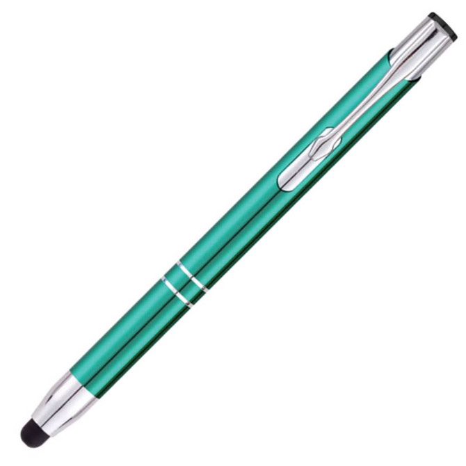 A teal stylus pen with a chrome clip and tip, featuring a sleek, modern design and a logo.