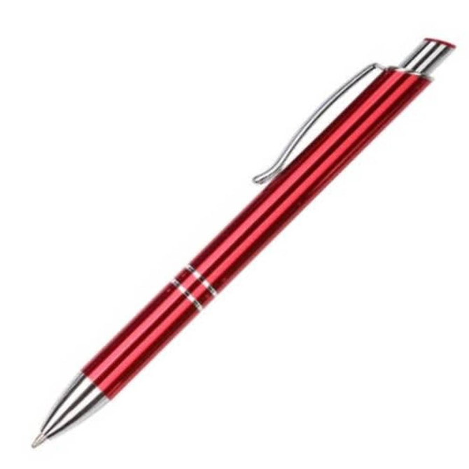 A red metal pen with chrome accents and a sleek design, featuring a clip and decorative rings.