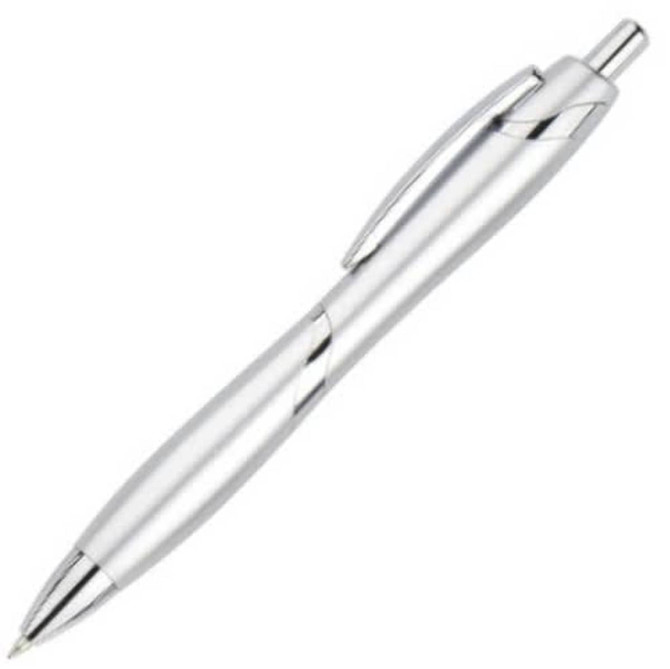A silver plastic pen with a sleek design and a clip, featuring a logo on its body.