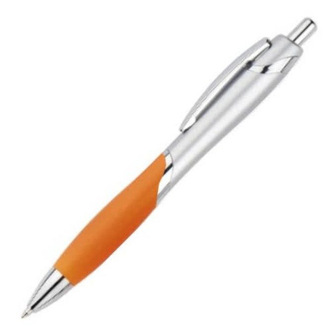 A plastic pen with a silver body and orange grip, featuring a clip and a branding logo.