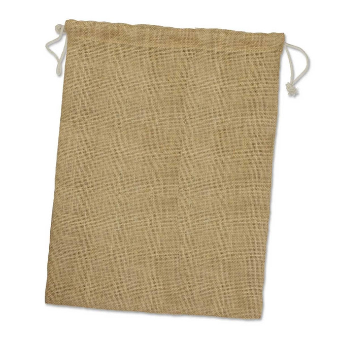 A large, natural jute produce bag with a drawstring closure, made from durable, eco-friendly material.