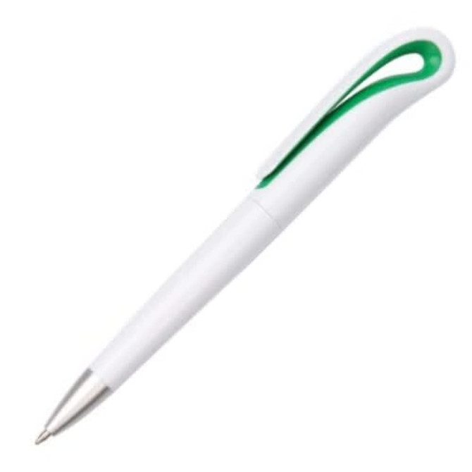 A plastic pen featuring a white body and green accents, with a sleek design and a metal tip.