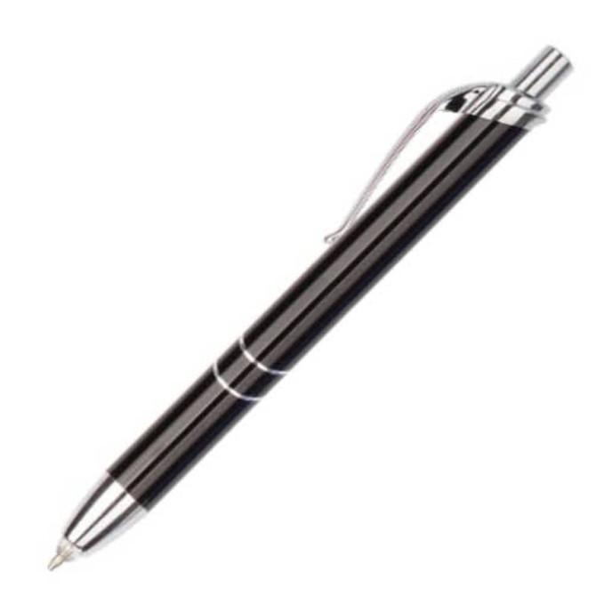 A metal pen in sleek black with silver accents and a clip, featuring a branding logo.