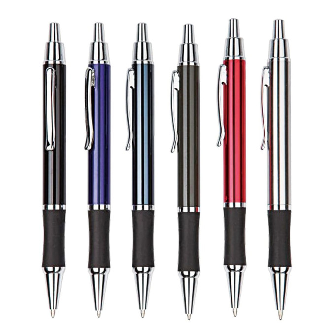 A set of six metal pens in black, blue, red, and silver, featuring a textured grip and clip.