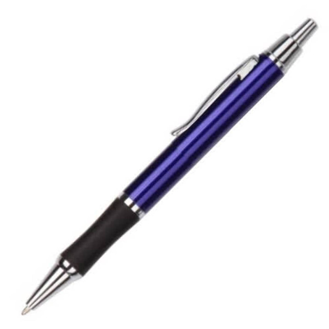 A blue metal pen with a shiny finish, featuring a black grip and a silver clip. It has a branding logo.