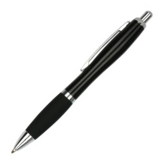 A black metal pen with a glossy finish and silver accents, featuring a rubber grip and a clip for easy carrying.