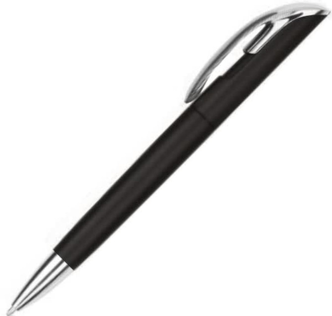 A black plastic pen with a shiny silver clip and tip. It has a sleek design and features a logo.