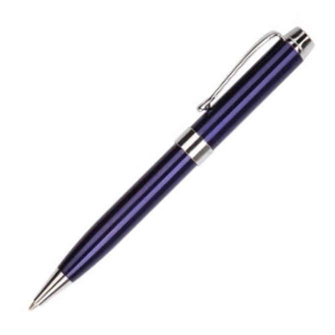 A purple metal pen with silver accents and a clip. It features a sleek, shiny finish.