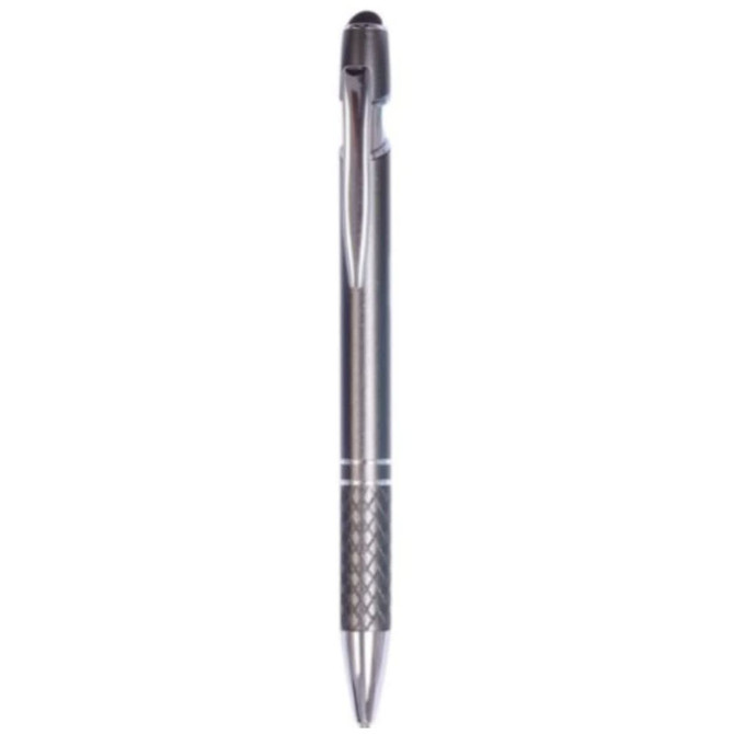 A sleek grey metal pen with a textured grip and a shiny silver tip. It has a logo on the clip.