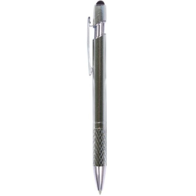 A metal pen with a sleek silver finish, featuring a knurled grip and an integrated clip.