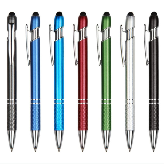 A collection of seven aluminium pens in blue, red, green, silver, black, and graphite, featuring a logo on each.