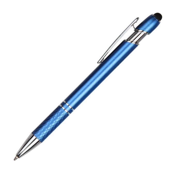 A blue aluminum pen with a textured grip, featuring a silver clip and a stylus tip.