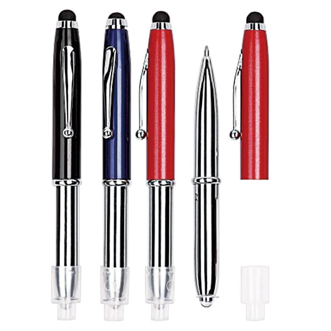 A selection of metal pens in black, blue, red, and silver, featuring a glossy finish and touchscreen stylus tips.