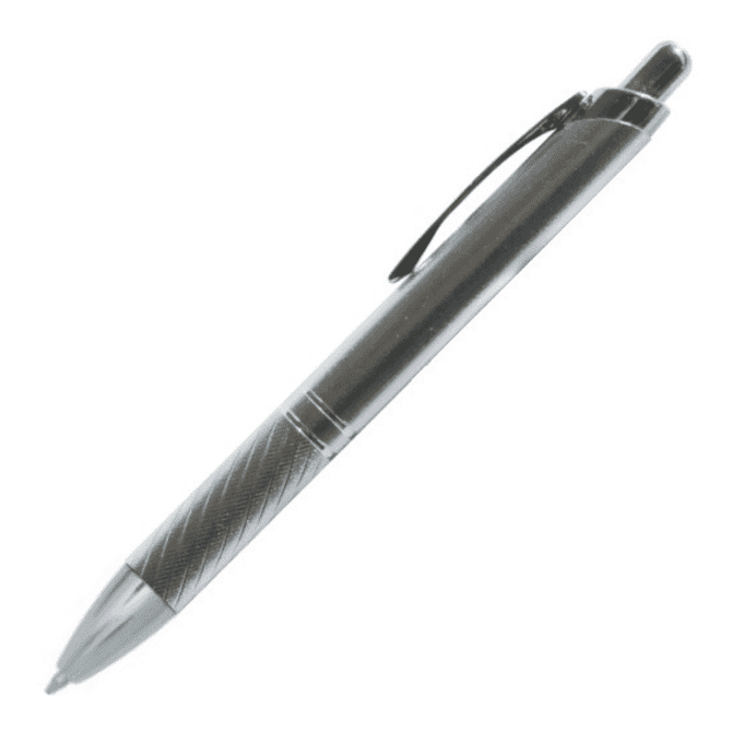 A metal pen with a sleek silver finish and textured grip, featuring a clip and a branding logo.