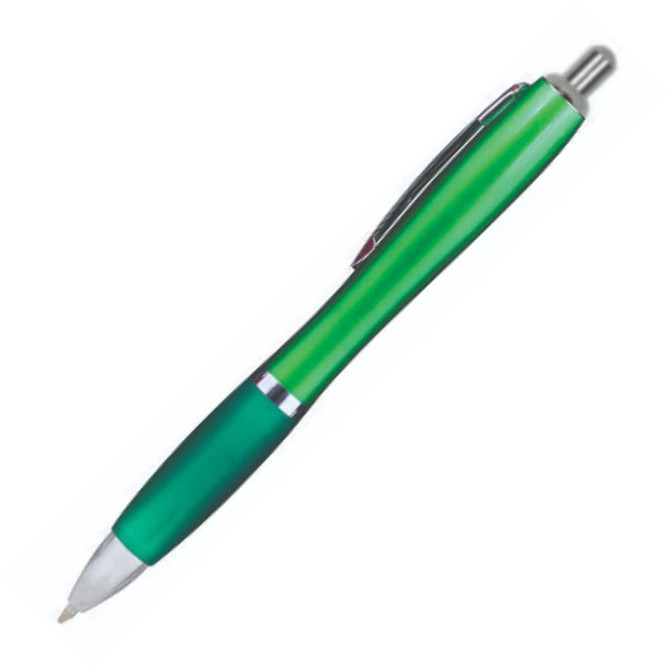 A green plastic pen with a sleek design and a chrome accent, featuring a clip for convenient attachment.