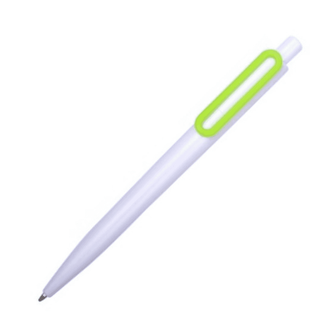 A plastic pen in white with a bright green accent and a logo.
