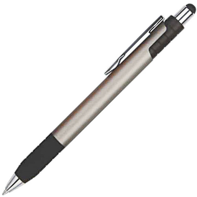 A stylus pen in silver and black with a smooth finish and a rubber grip. It features a clip and a logo.