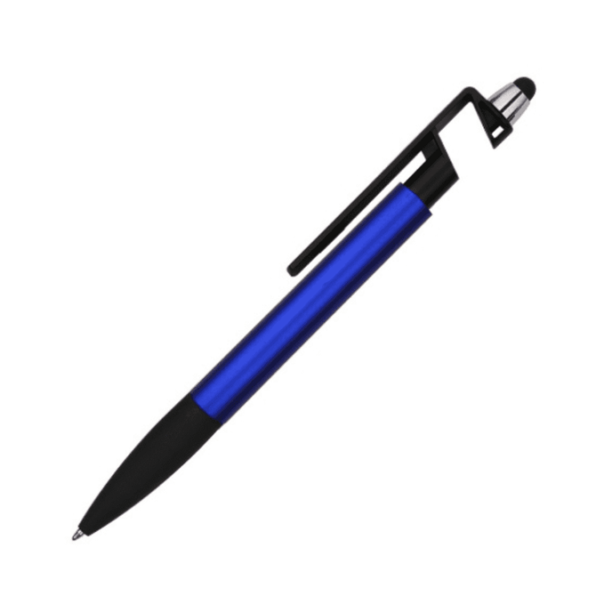 A blue stylus pen with a black grip and clip. The pen features a sleek design and has a logo.
