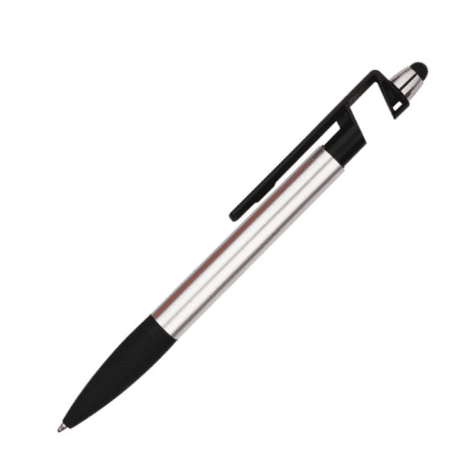A shiny silver and black stylus pen featuring a sleek design and a clip for easy attachment.