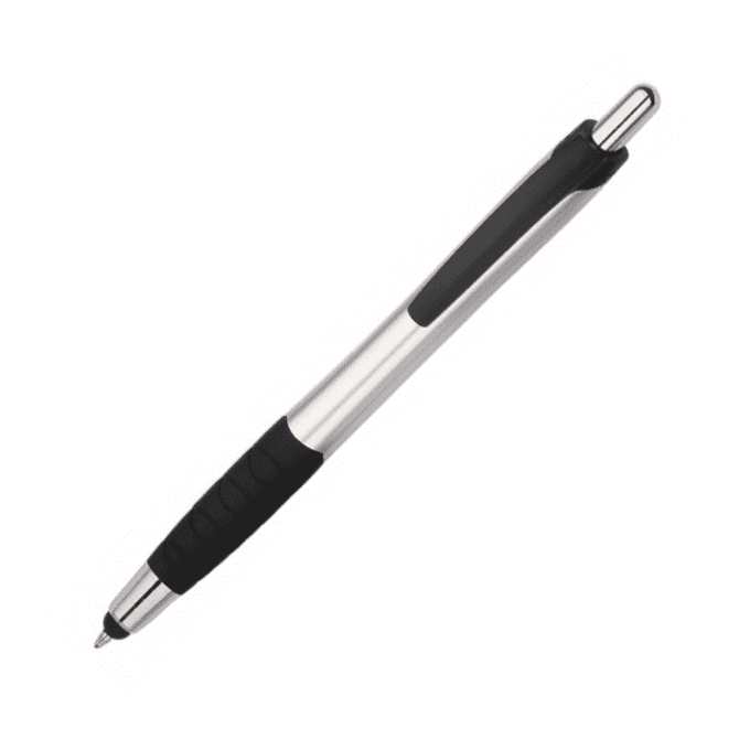 A silver and black stylus pen featuring a comfortable grip and a sleek design. The pen also includes a logo.