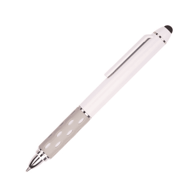 A white telescope pen with a silver metallic grip and a stylus tip for touchscreen devices.