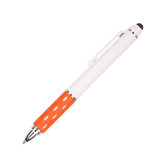 A telescope pen with a white barrel and an orange dotted grip, featuring a stylus tip and a clip.