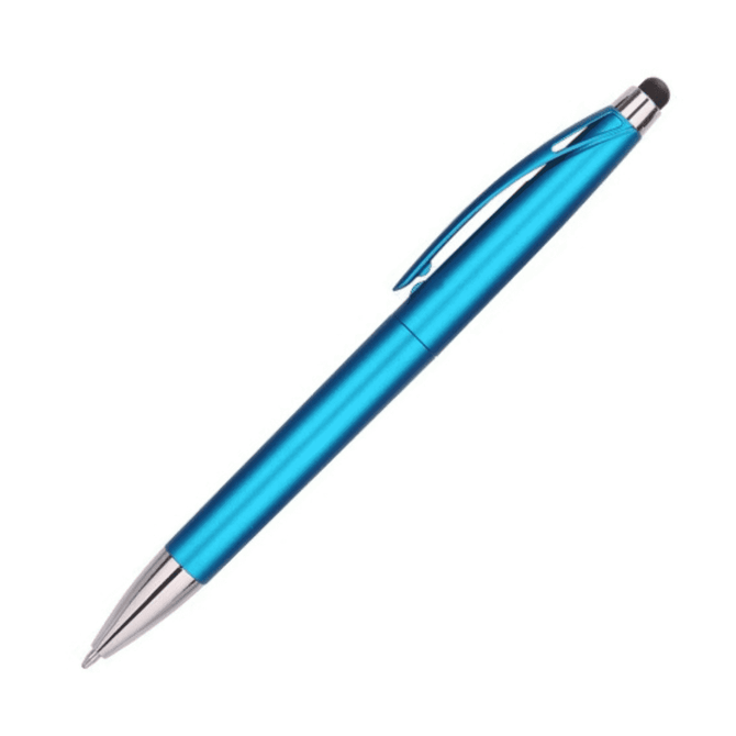 A blue stylus pen with a shiny metallic finish and a silver tip, featuring a clip and a logo.