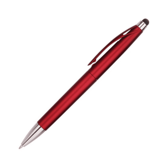 A red stylus pen with a sleek design and a metal clip, featuring a soft tip for touch screens.