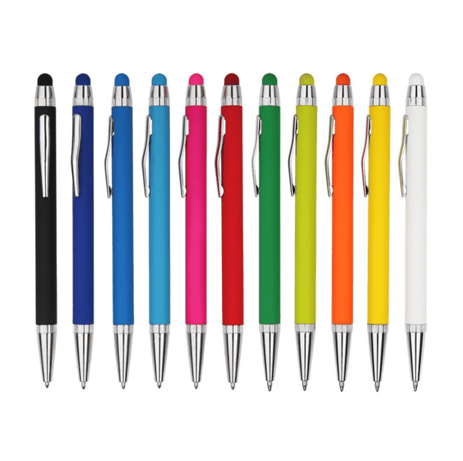 A collection of metal pens in various colours including black, blue, pink, green, orange, and white, with chrome accents.