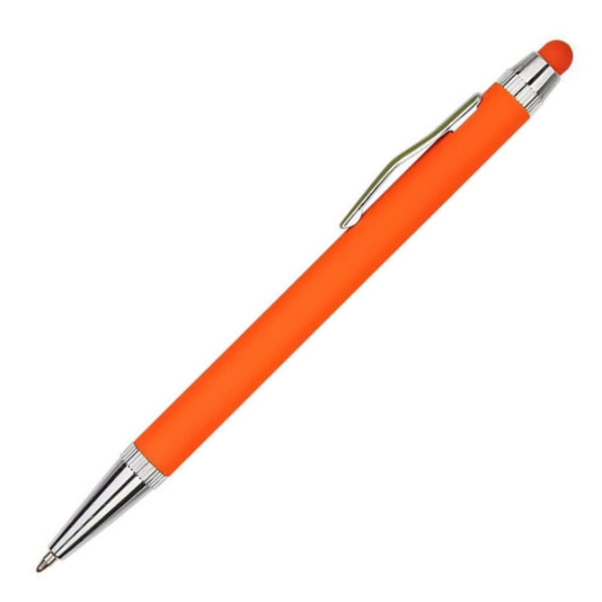 An orange metal pen with a shiny silver clip and tip. The pen features a textured grip for comfort.