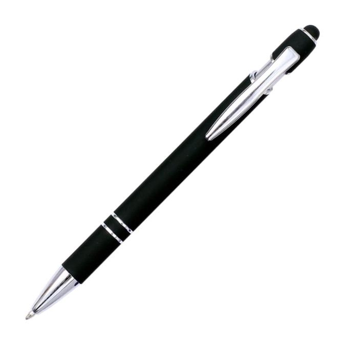 A black stylus pen with silver accents and a built-in touch screen tip. It features a logo on the body.