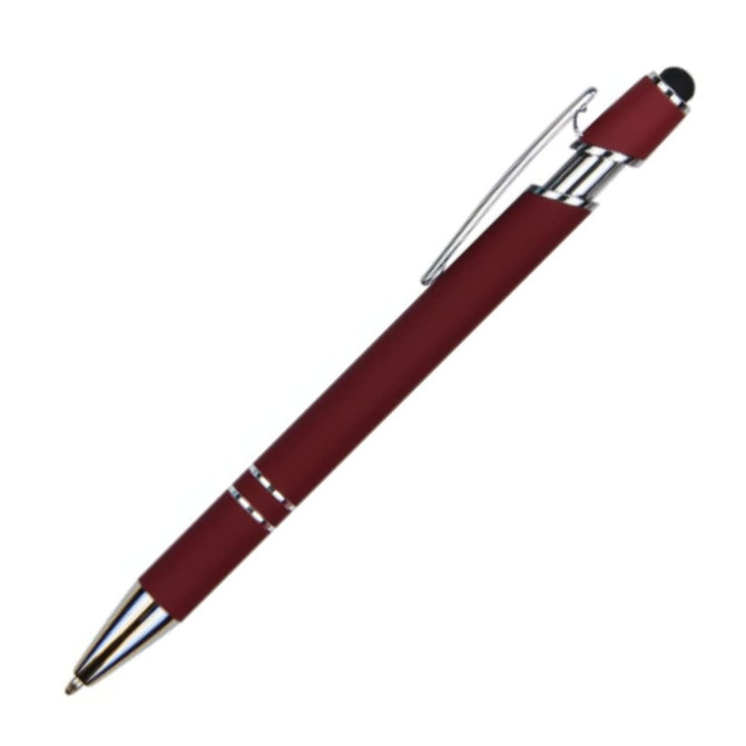 A deep red aluminium stylus pen featuring a chrome clip and tip. It has a branding logo on its surface.