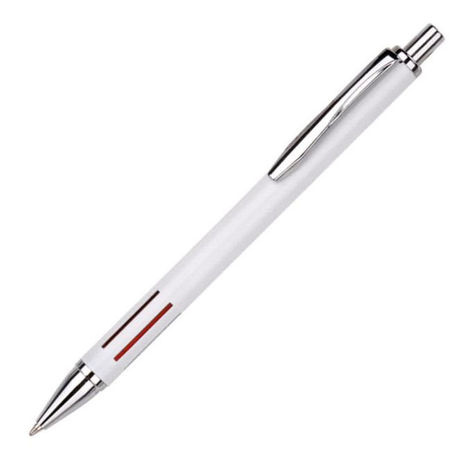A metal pen in white with chrome accents and a red design element. Features a logo on the barrel.