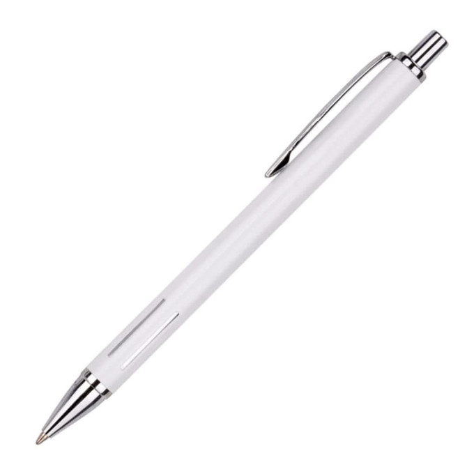 A white metal pen with a shiny chrome clip and trim, featuring a sleek and minimalistic design.