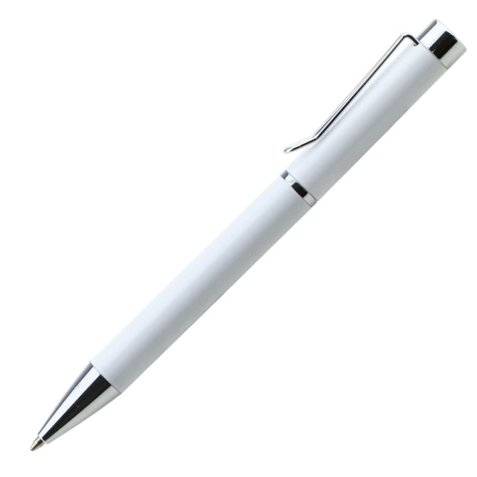 A metal pen in white with a silver clip and tip, featuring a sleek design and a logo on the side.
