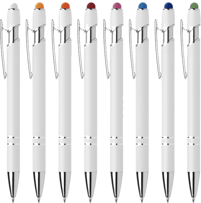 A collection of white metal pens with coloured tips, displayed in a row. Each pen features a clip and branding.