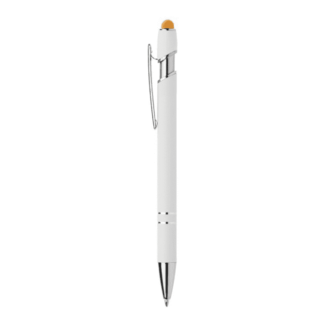 A white metal pen with a silver clip and a touch screen stylus tip at the top. It features a sleek design.