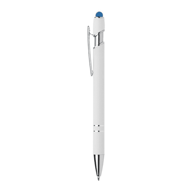 A metal pen in white with a blue tip and clip, featuring a sleek design and branding.