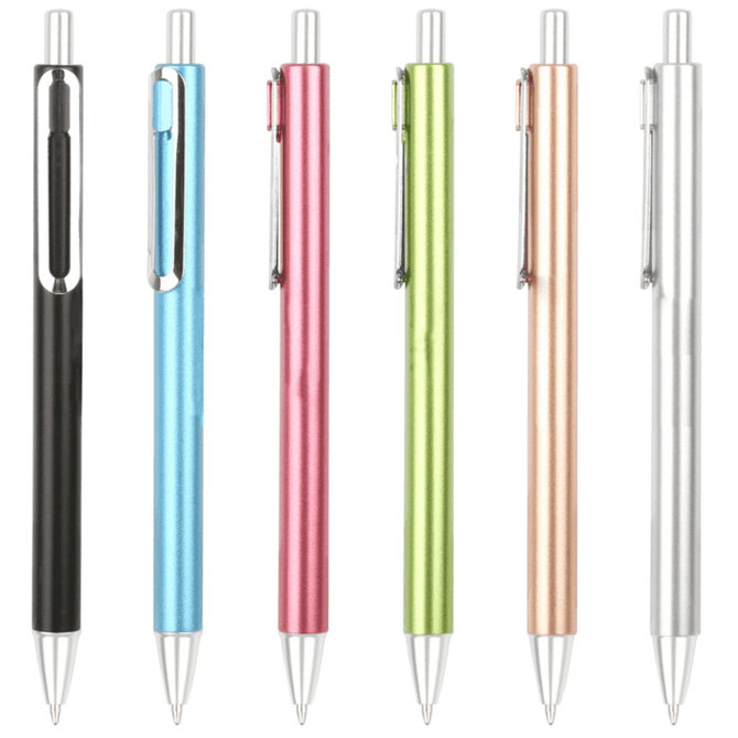 A collection of plastic pens in black, blue, pink, green, copper, and silver, with silver accents and clip.