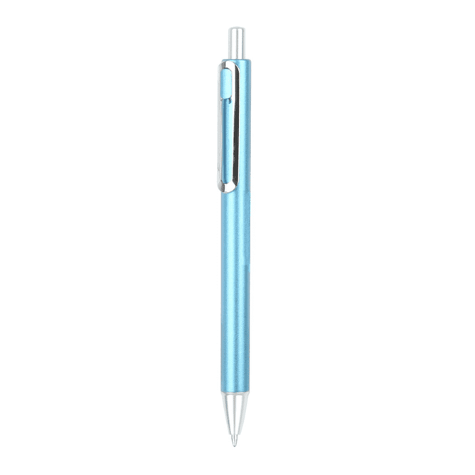A blue plastic pen featuring a silver clip and tip, with a sleek, minimalist design and branding.