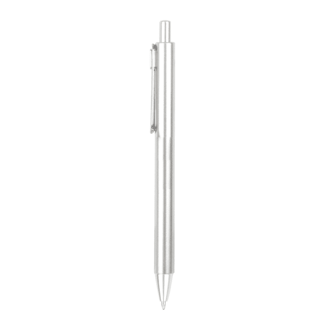A silver plastic pen with a sleek design, featuring a clip and a ballpoint tip. The pen has a simple branding logo.