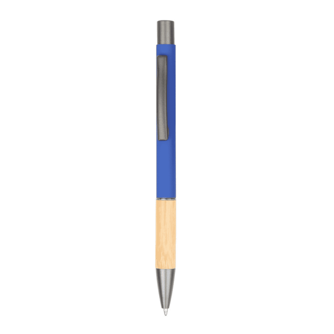 A metal pen with a blue barrel and bamboo grip, featuring a clip and silver tip. It has a logo on the side.