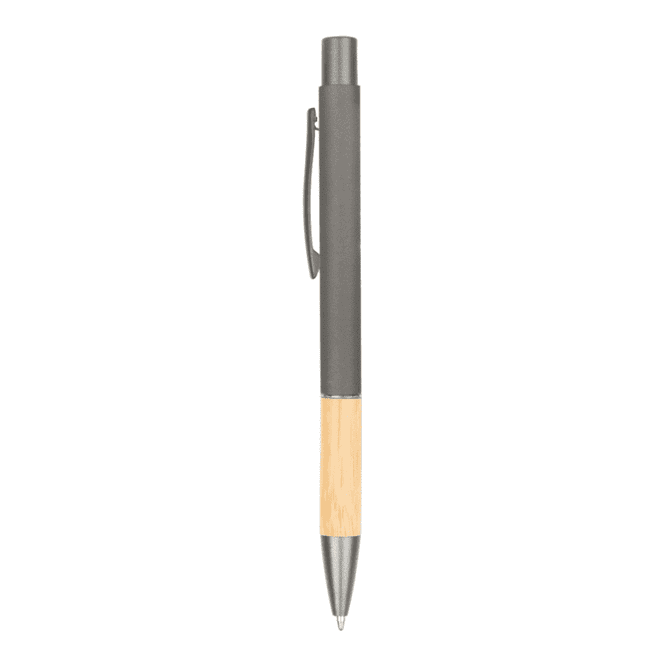 A metal pen with a grey top and a light wood barrel, featuring a clip and a logo.