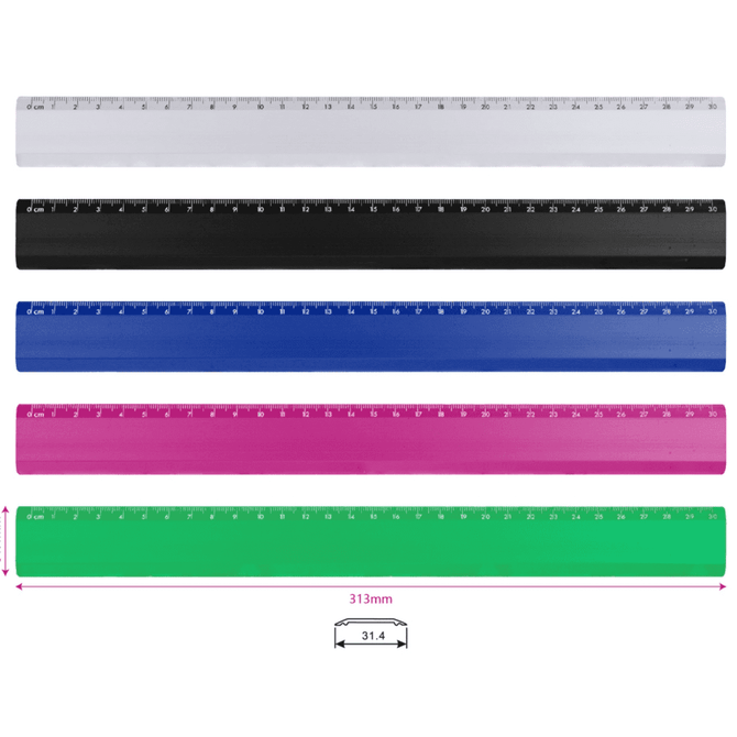 A set of five rulers in white, black, blue, pink, and green, each measuring 313mm with measurement markings.