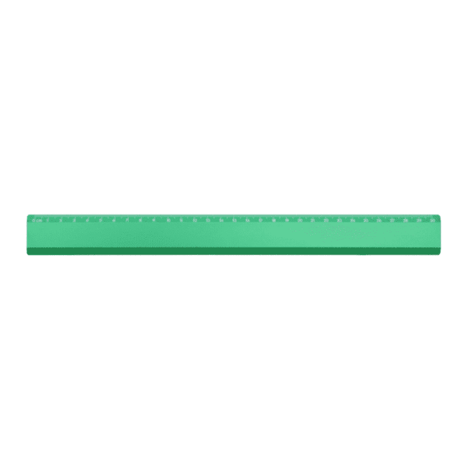 A green ruler with marked measurements, featuring a simple design and a branding logo.