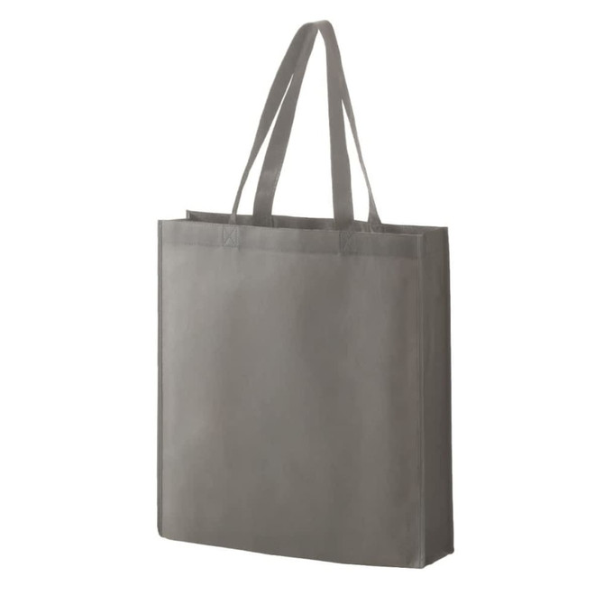 A grey non-woven tote bag with two sturdy handles and a minimalistic design featuring a logo.
