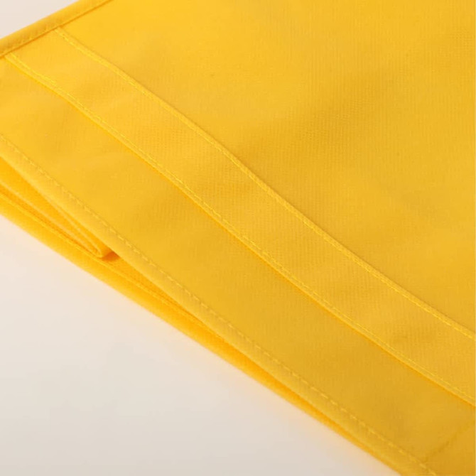 A bright yellow fabric with a smooth texture and neat folded edges, featuring stitching along the sides.