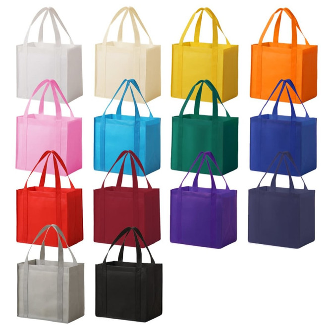 A collection of tote bags in various colours including pink, yellow, green, and black, all featuring matching handles.