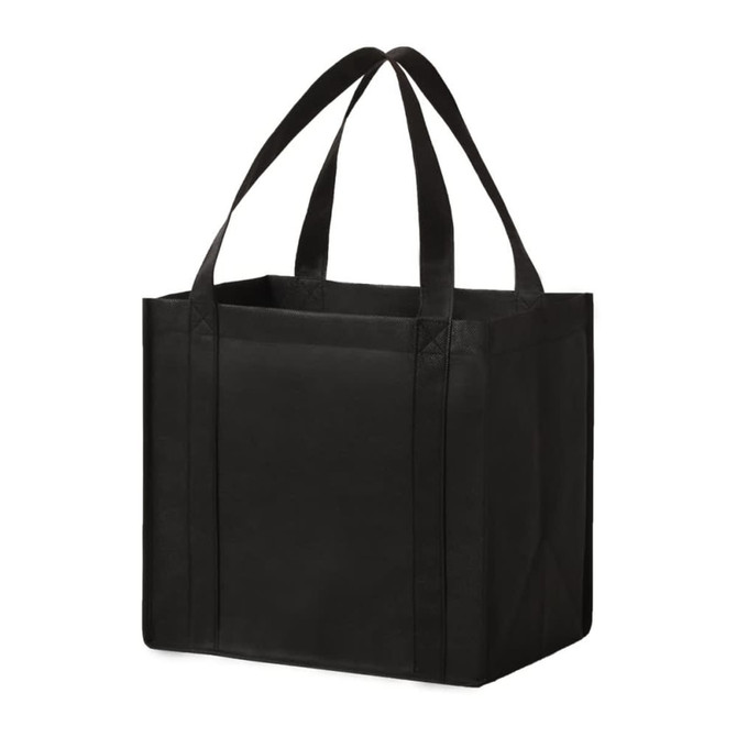 A black non-woven tote bag with two sturdy handles and a spacious interior, featuring a branding logo.