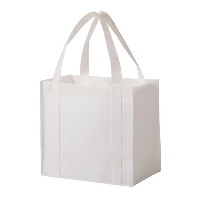 A white non-woven tote bag with two sturdy handles and a blank front, ideal for promotional use.